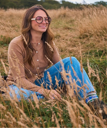 Eve wearing a Lands' End Cashmere Cardigan