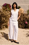 Woman wearing a premium pure linen shirt