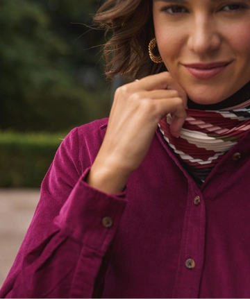 Woman portrait in a Lands' End pink cardigan.