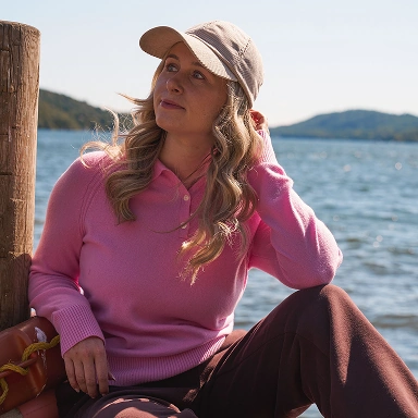 Woman wearing a cashmere v-neck polo
