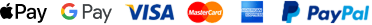 Apple Pay, Google Pay, Visa, Eurocard Master Card, American Express and PayPal logos.