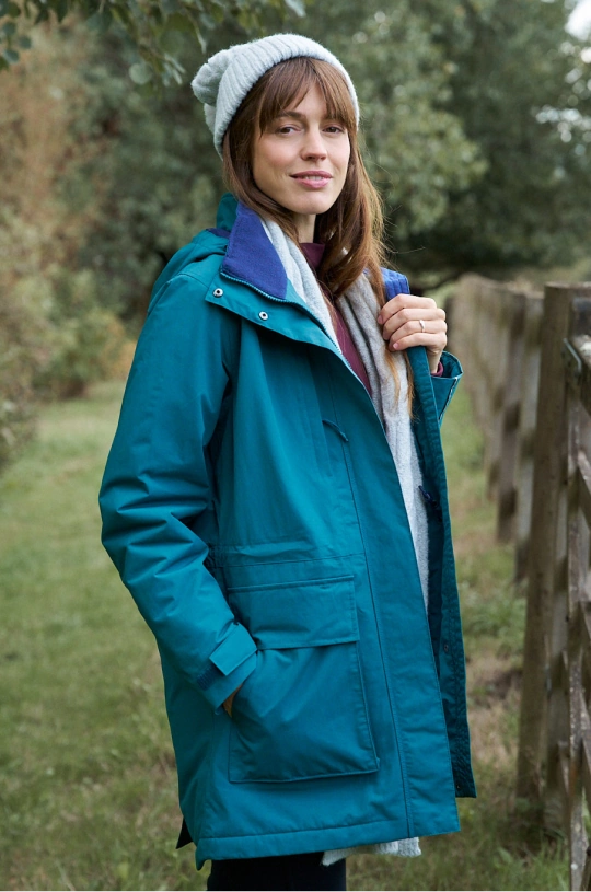 Woman wearing a teal waterproof coat and a knitted beanie outdoors