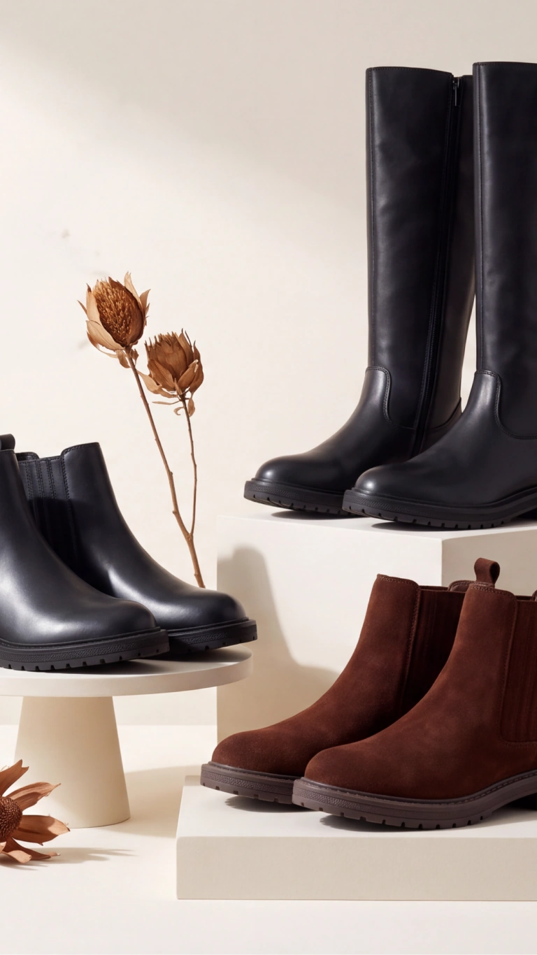 Black and brown ankle boots and tall black boots displayed on platforms with dried flowers